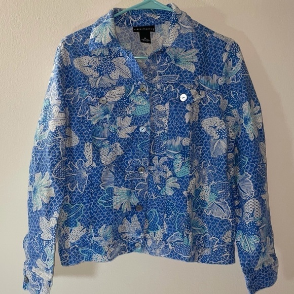 Statements Jacket/Blazer 100% Linen Floral Buttons - Picture 1 of 3